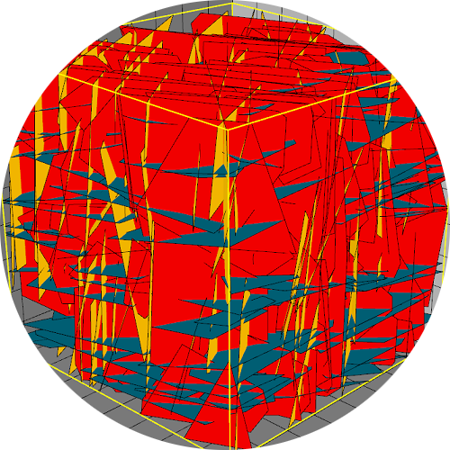 3D Kluftmodell mit drei unterschiedlichen Trennflächenscharen für einen geklüfteten Fels.